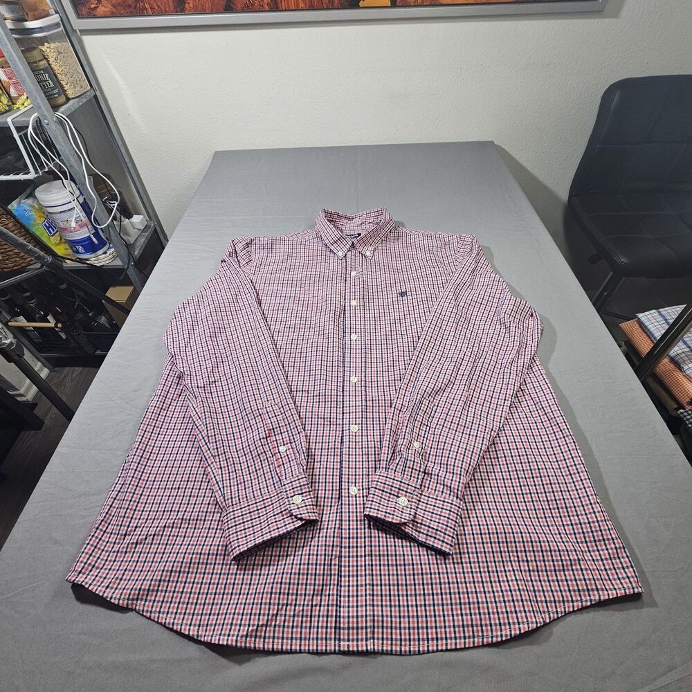 Chaps Men XXL Long Sleeve Button Down Shirt Red Blue White Gingham Plaid Check